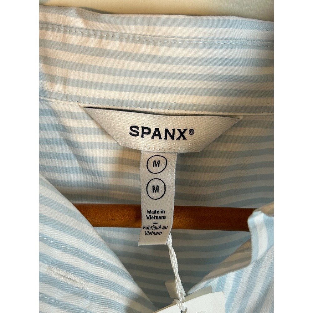 Spanx Relaxed Fit Poplin Shirt Sky Feeder Blue White Striped Cotton M - Picture 3 of 8